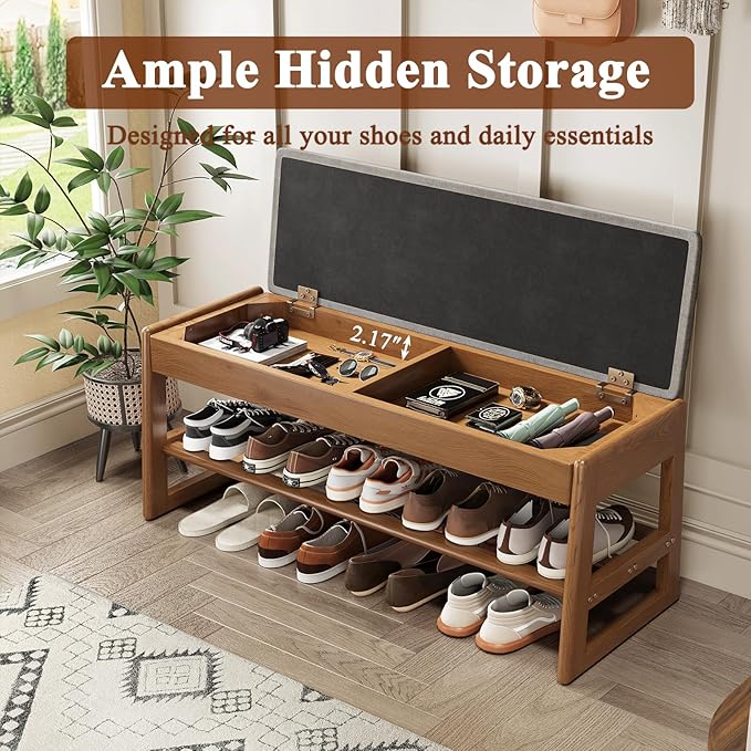 Shoe Rack Bench with Cotton-Linen Cushion 2-Tier Wooden Storage Bench 550lbs - Image 3