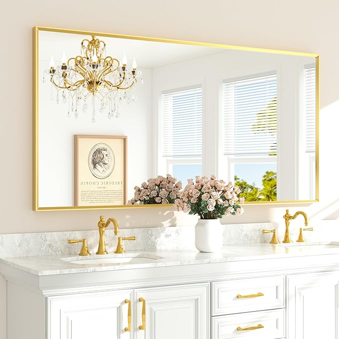 TETOTE Brushed Gold Mirror Beveled Frame 72" x 36" Large Brass Gold Rectangle by TETOTE