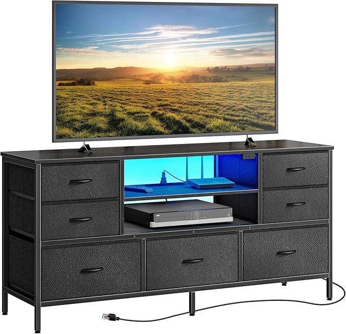 Huuger TV Stand Dresser with Power Outlets and LED Lights, 7 Drawer Console by Huuger
