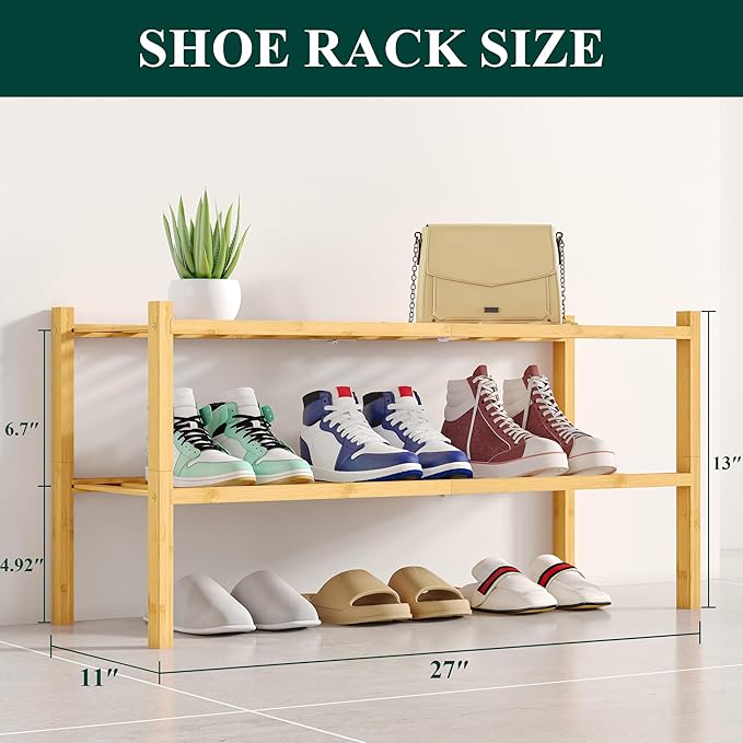 Smiry Shoe Rack, 2 Tier Bamboo Shoe Organizer, Stackable Free Standing Wooden - Image 2
