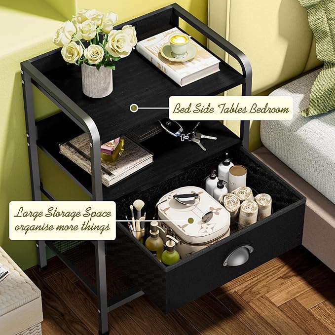 Night Stand Nightstand with 1 Drawer Black Nightstands Storage Night Stands - Image 4