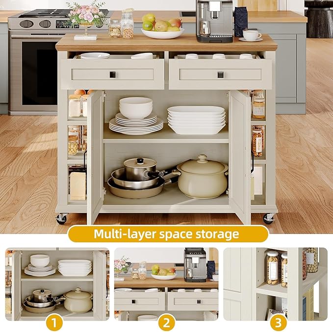 DWVO Kitchen Island with Storage Cabinet, Farmhouse Rolling Island Table on - Image 4
