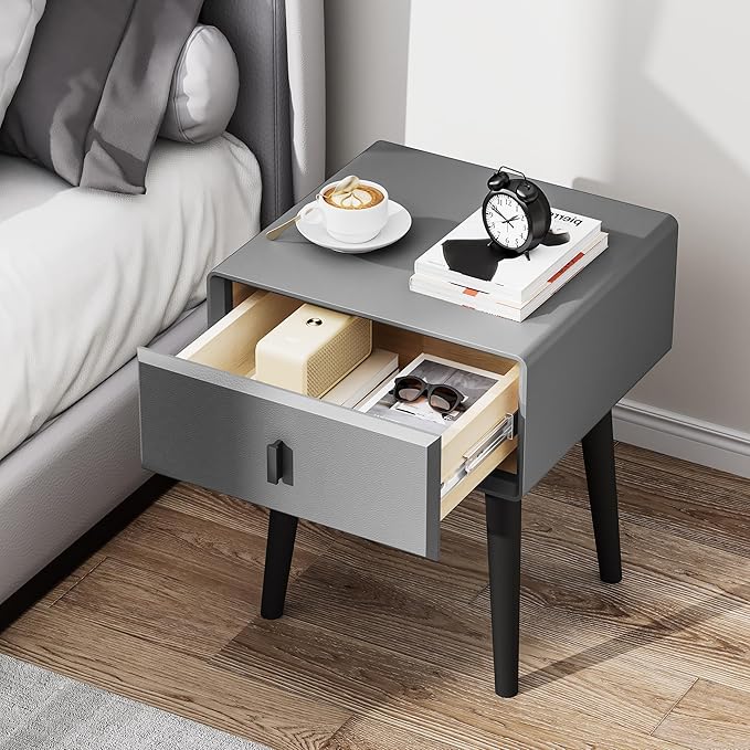 VICITON Modern Faux Leather Nightstand, Solid Wood Drawer, - Image 2