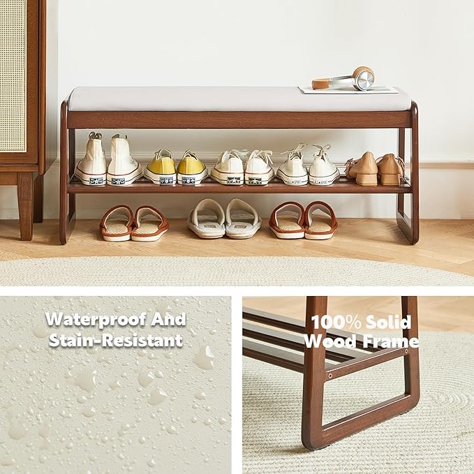 Solid Wood Shoe Bench, 2-Tier Wooden Storage Entryway Bench, Mid-Century Modern - Image 5