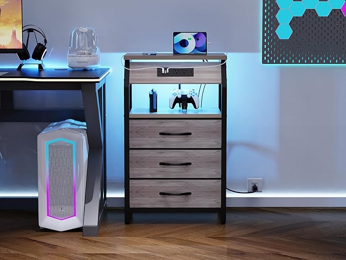 End Table with 3 Drawers, Night Stand with Charger Station and LED Lights - Image 9
