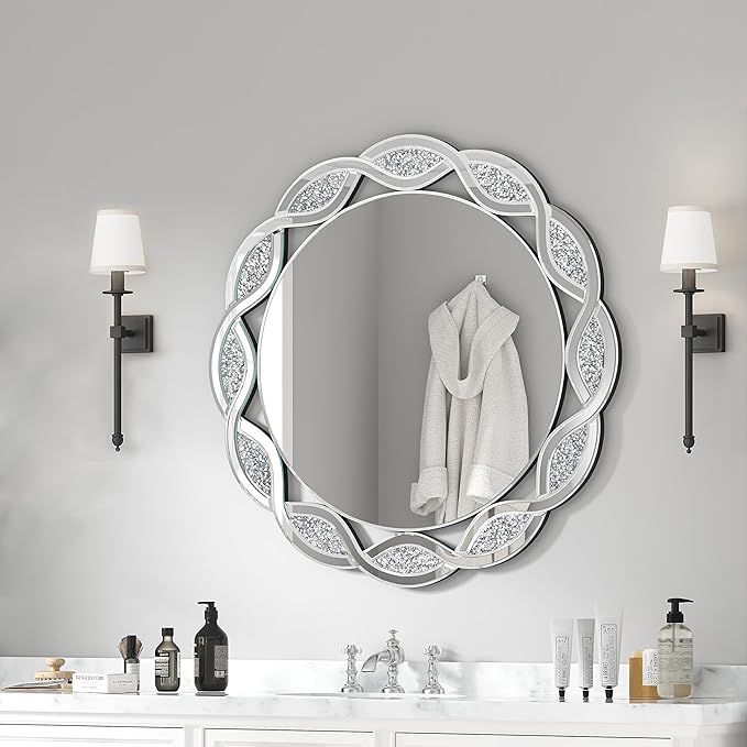 Crystal Decorative Mirror-32 x32 Gorgeous Silver Mirror Crush Diamond Mirror by GOAND