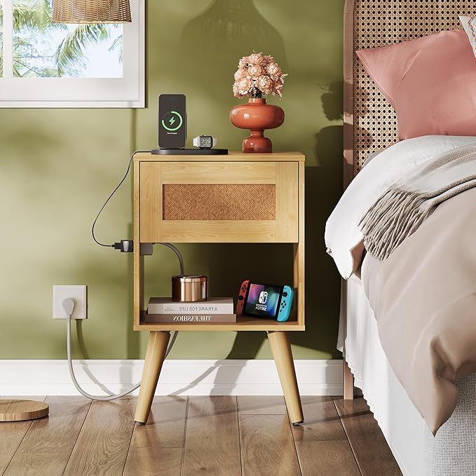 WLIVE Rattan Nightstand with Charging Station, Boho Night Stand, Small Bedroom - Image 2