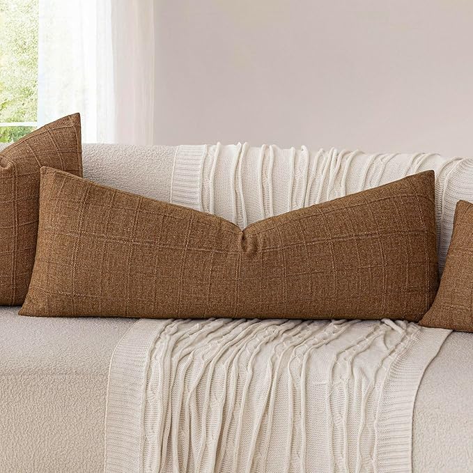 Foindtower Set of 2 Decorative Linen Check Throw Pillow Covers Neutral Long - Image 5