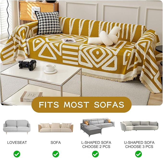 STACYPIK Boho Chenille Couch Cover, Ginger Yellow Sofa Cover - Image 4
