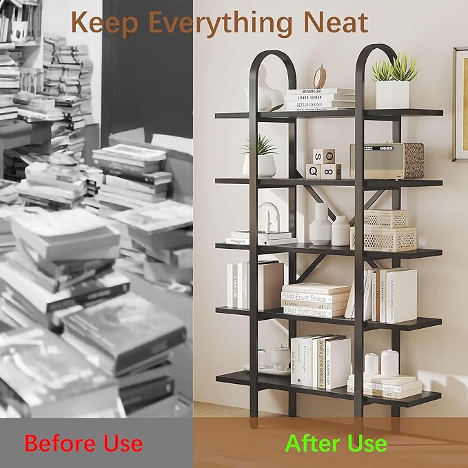 Wide Bookshelf Arched Bookcase, Industrial 5 Tier Open Book Shelves - Image 7