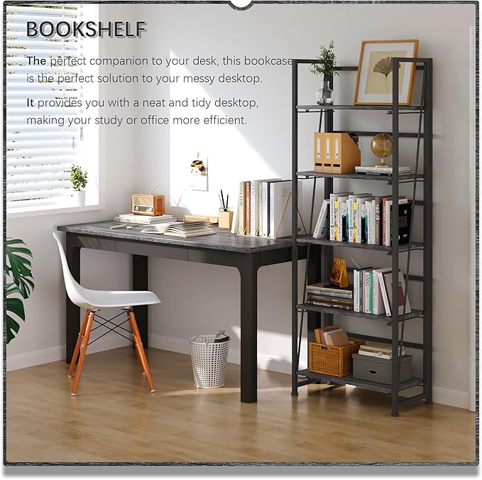 4NM No Assembly Folding Bookshelf, 5-Shelf 62.2" H Collapsible Foldable - Image 3