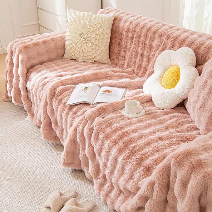 VM VOUGEMARKET Pink Sofa Cover Thick Shaggy Fluffy Sectional Couch Cover Plush - Image 7