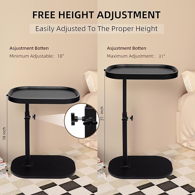 Aoligrace 360°Swivel C Shaped End Table, Adjustable Height TV Tray Table - Image 2