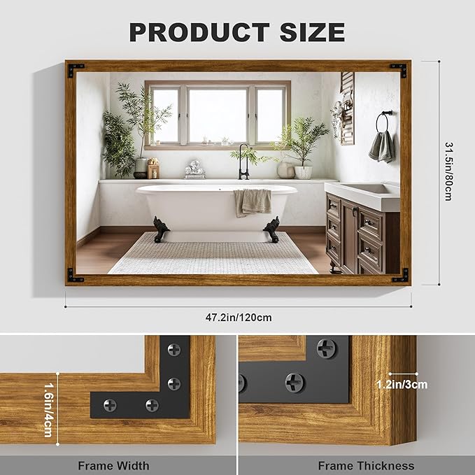 Hasipu Farmhouse Bathroom Mirror, Walnut Vintage Vanity Mirror Modern Farmhouse - Image 2