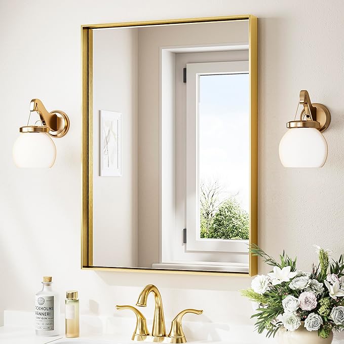 Keonjinn Brushed Shiny Gold Bathroom Mirror 22 x 30 Inch, Rectangle Gold Vanity by Keonjinn