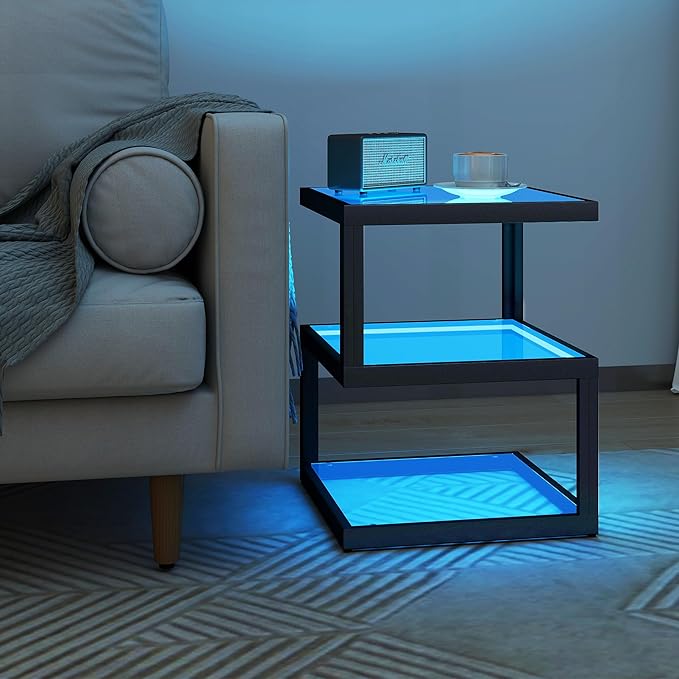 3-Tier Glass Table with LED Strip, Unique S-Shaped Design SideTable, Moderen - Image 5