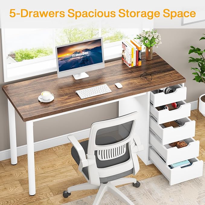 Tribesigns Computer Desk with 5 Drawers, 47 inches Rustic Brown Home Office - Image 4
