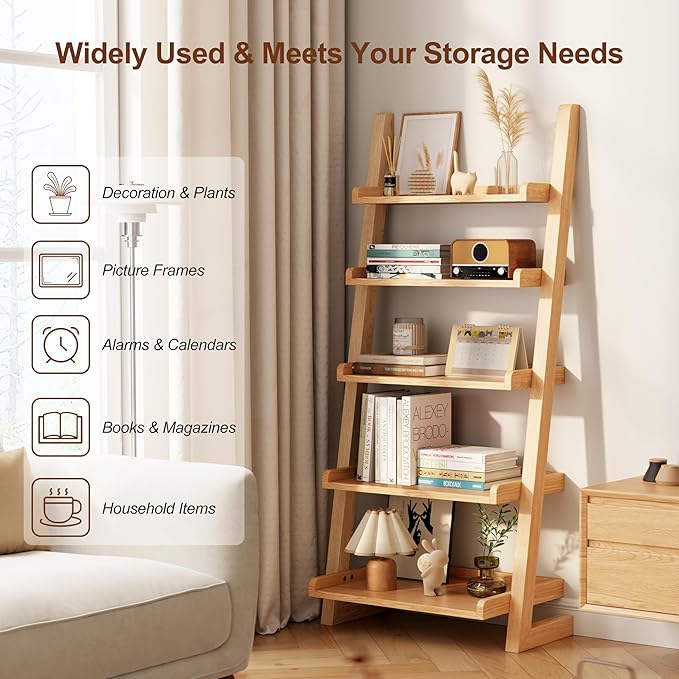 Wooden Ladder Shelf with Edges, 5-Tier Modern Leaning Bookshelf Ladder – - Image 5