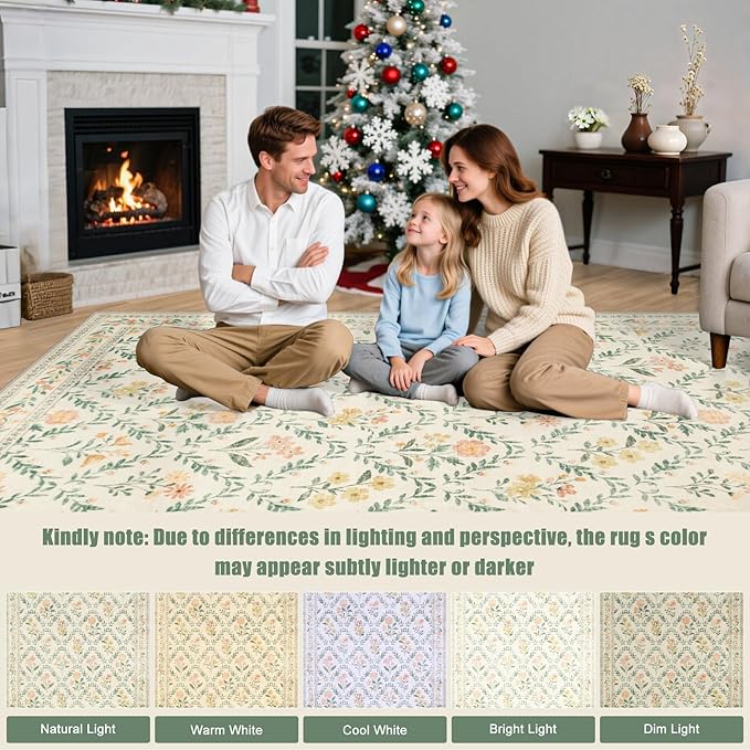 Area Rugs 9x12 Living Room: Floral Washable Rug Vintage Large Soft Boho - Image 9