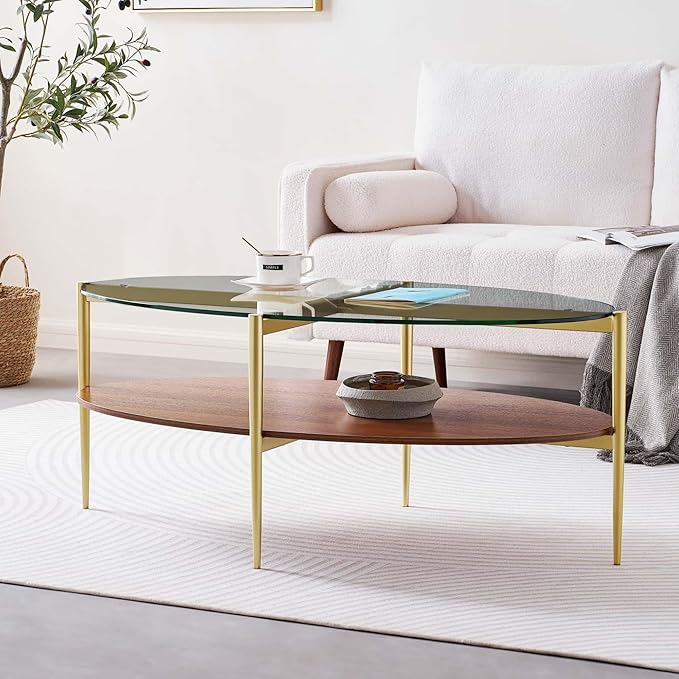 Oval Glass Coffee Table, Mid-Century Modern Design, L43 x W22 x H17 inch - Image 3