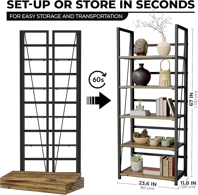 5 Tier Wood Book Shelf Organizer, No Assembly Bookshelf - Image 3