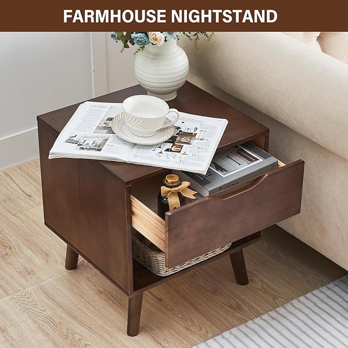 CozyDH Nightstand with Drawer and Opening Storage, Solid Wood Modern Bedside - Image 7