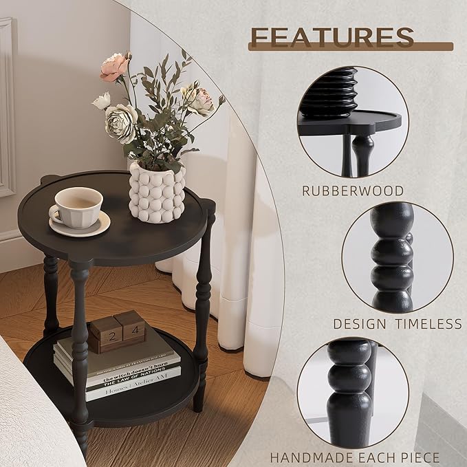 Accent Wood End Table, 2-Tier Round Bedside Table, Natural Side Table Nightstand - Image 6