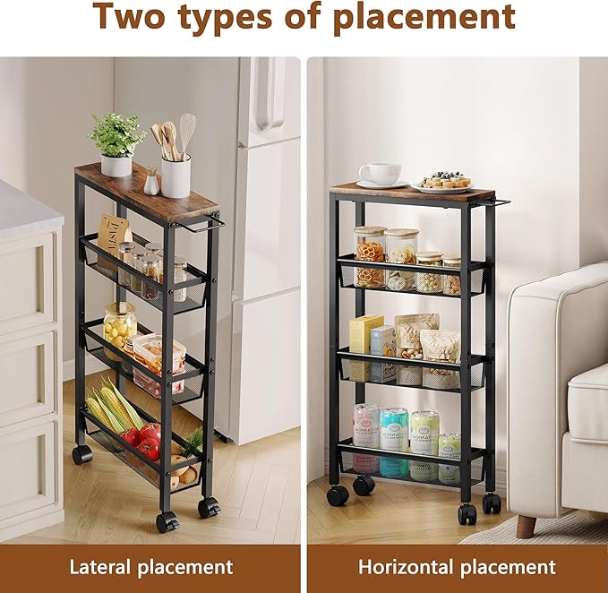 Hoctieon Slim Rolling Storage Cart, 4-Tier Narrow Kitchen Storage Cart - Image 6