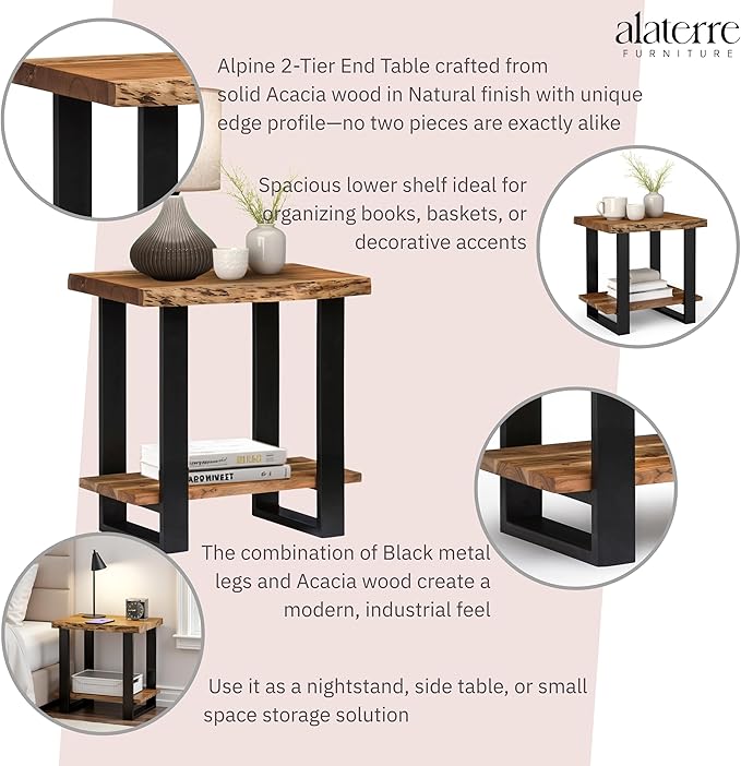 Alpine 2-Tier End Table with Live Edge Design – 27-Inch Solid Acacia Wood - Image 4