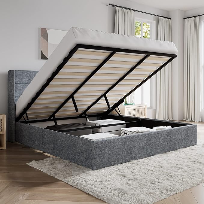 SHA CERLIN King Size Lift Up Storage Bed/Modern Wingback Headboard/Upholstered by SHACERLIN