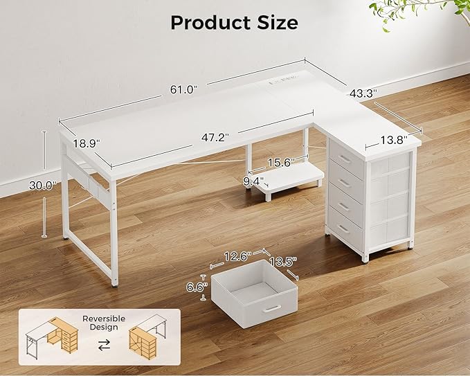 AODK L Shaped Desk with 4 Tier Drawers, L Shaped Computer Desk with USB - Image 3