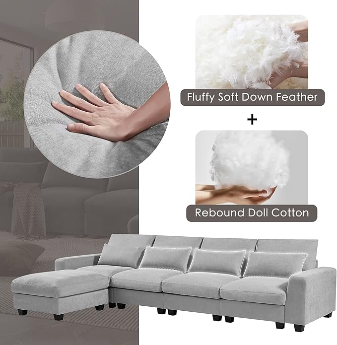 129.9 Inch Modern Oversized L-Shape Feather Filled Sectional Sofa - Image 6