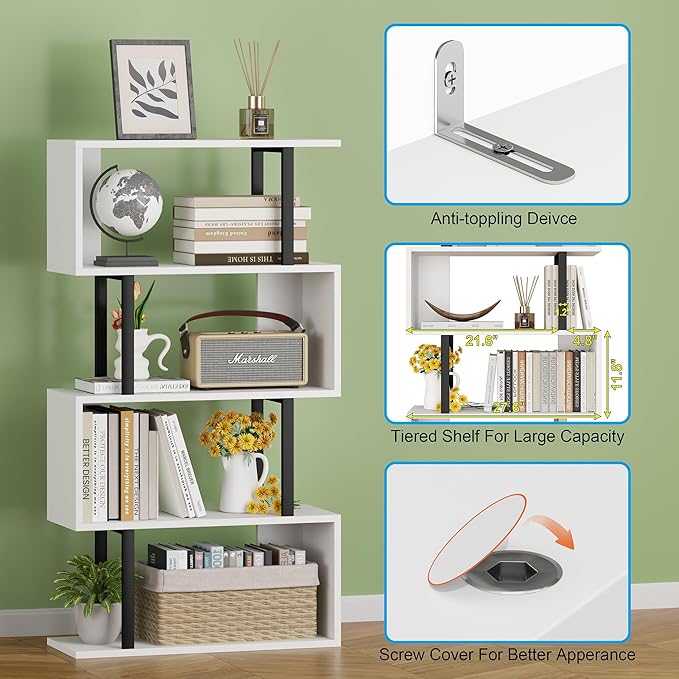 Yusong Geometric Bookcase, S Shaped Bookshelf 4-Tier Book Shelves - Image 5
