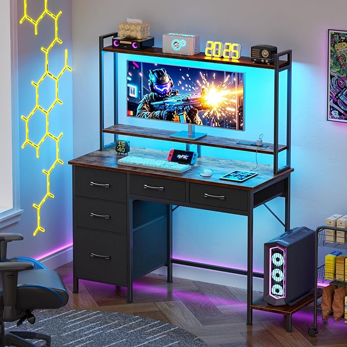 Computer Gaming Desk with Hutch, Home Office Desk with Power Outlets, LED Light - Image 2