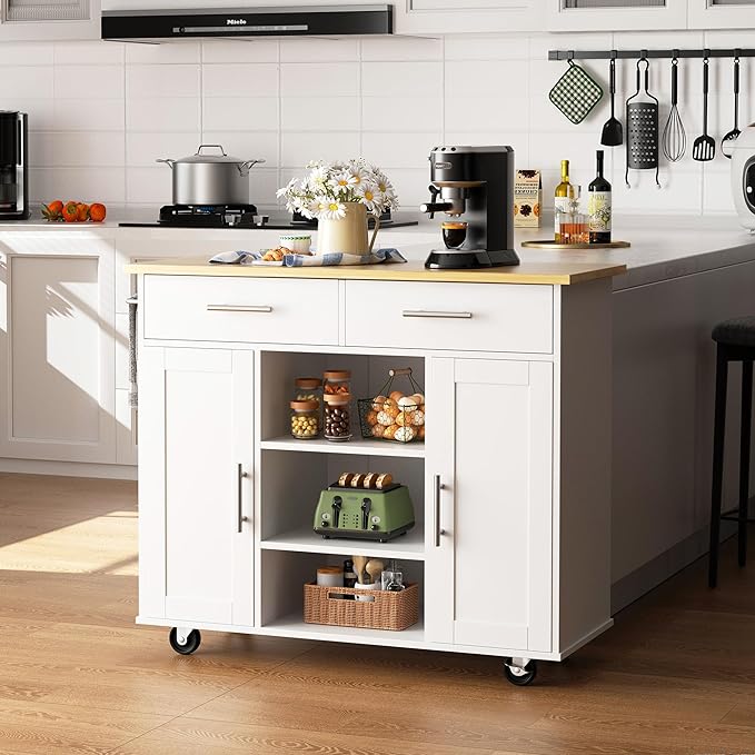 Shintenchi Kitchen Island with Storage, Kitchen Island Cart on Wheels with 3 - Image 2