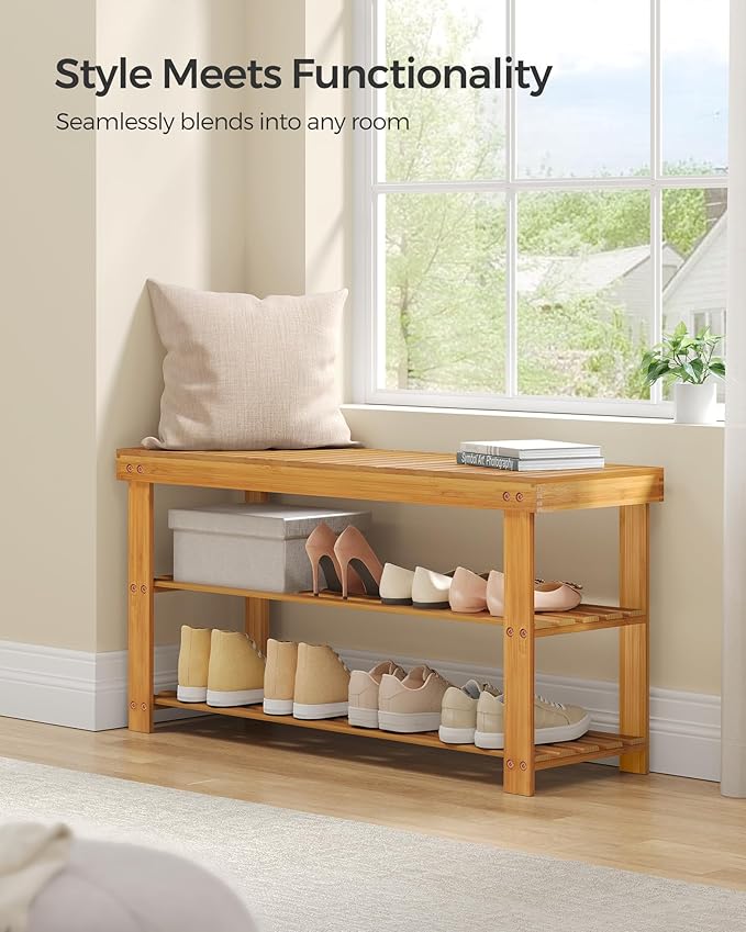 SONGMICS Shoe Rack Bench, 3-Tier Bamboo Shoe Storage Organizer, Entryway Bench - Image 7