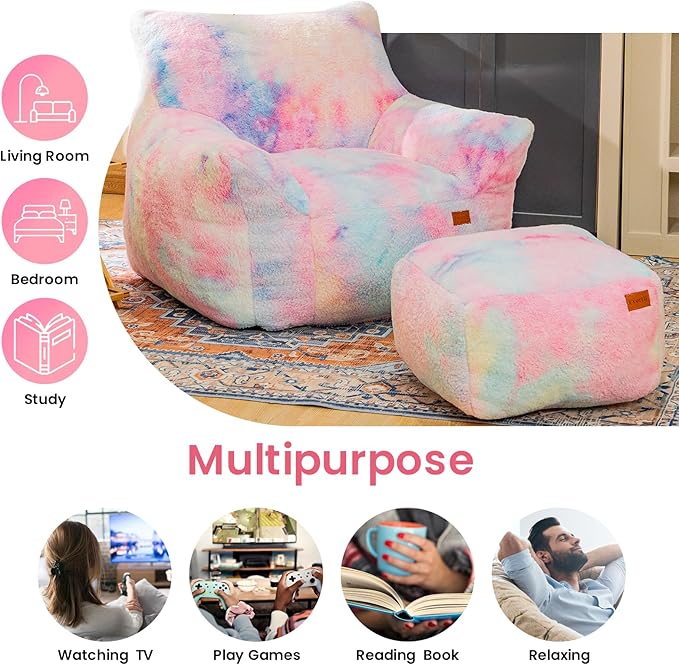 Bean Bag Chair, Sherpa Accent Beanbag Chair and Ottoman Set, Fur Faux BeanBag - Image 5