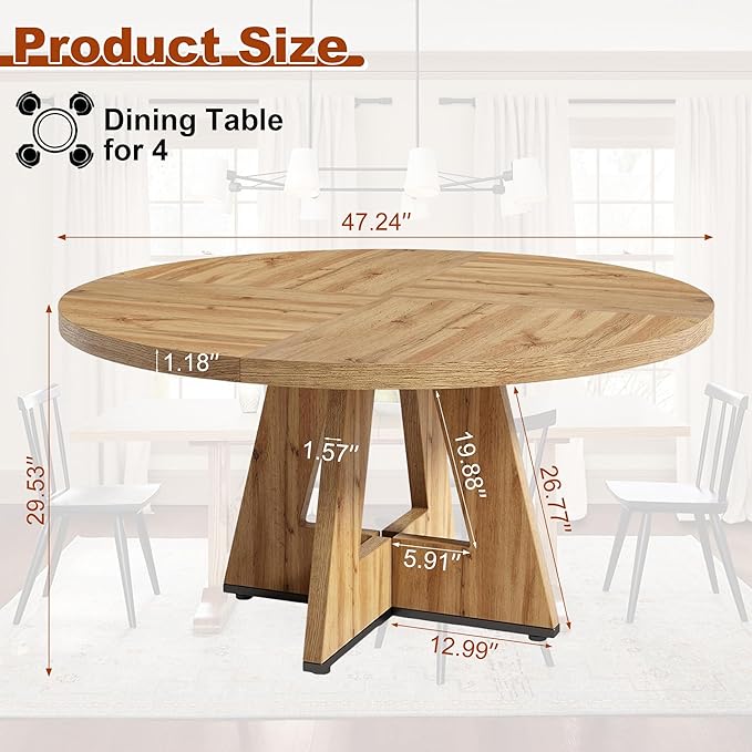 Round Dining Table for 4, 47 Inch Dinner Table Farmhouse Wooden Circle Kitchen - Image 2