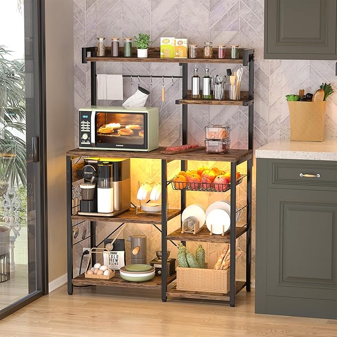Aheaplus Bakers Rack with Power Outlet and LED Light Strings, Microwave Oven - Image 5