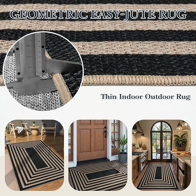 Lahome Modern Geometric Easy Jute Outdoor Rug, 3x5 Black Indoor Outdoor Carpet - Image 4