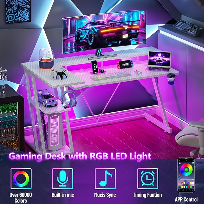55 Inch White Gaming Desk with Power Outlet & LED Lights, L Shaped Computer - Image 4