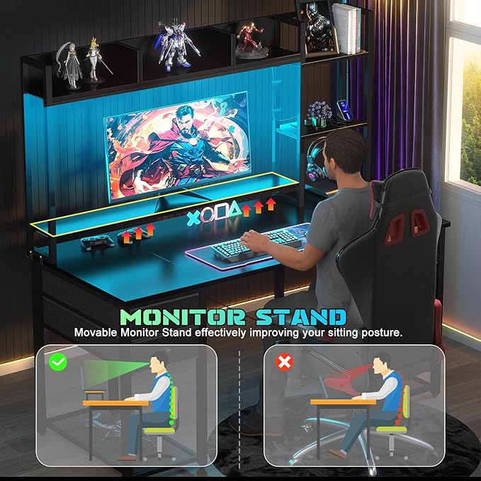 Aheaplus LED Gaming Desk with Hutch, 47.2'' Computer Workstation - Image 6