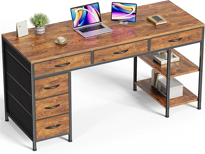 Huuger Computer Desk with 6 Drawers, 54 Inch Office Desk with Shelves, by Huuger