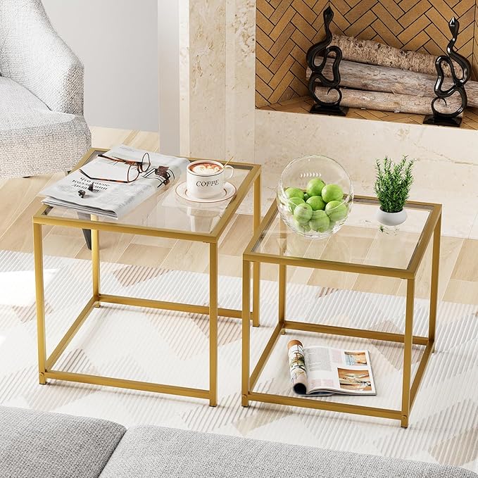 Garden 4 you Coffee Table Set of 2, Modern Glass Nesting Table, Metal Frame by Garden4you