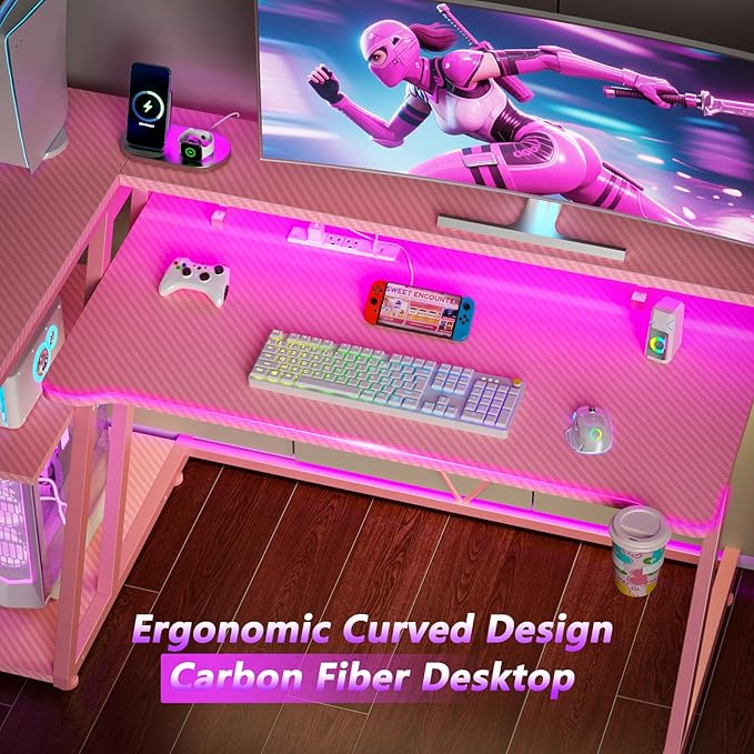 40 Inch Pink Gaming Desk with Power Outlet & LED Lights, Corner Computer Desk - Image 8
