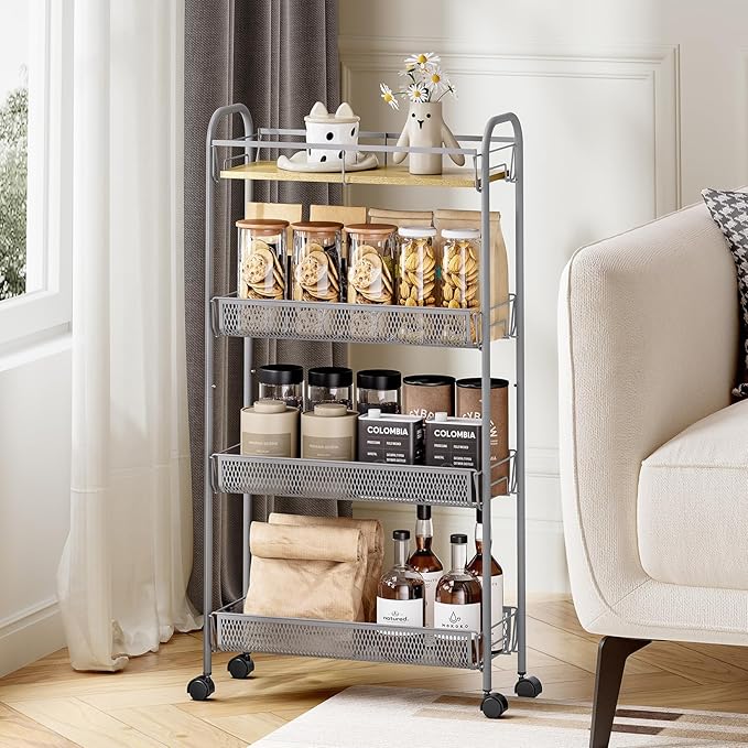 KINGRACK Metal Slim Rolling Cart, 4-Tier Metal Utility Cart, Storage Cart - Image 7