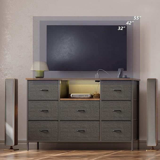 Black Dresser with LED Lights & Power Outlets, Dresser TV Stand with 8 Drawers - Image 5