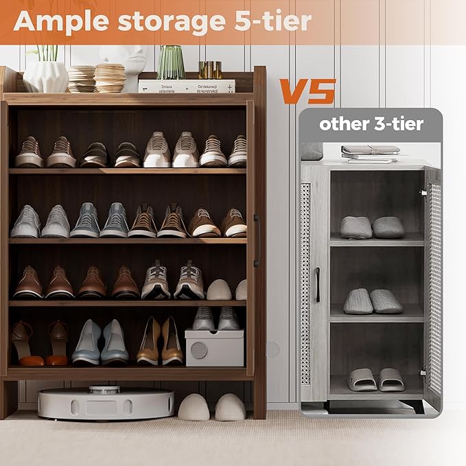 Shoe Cabinet Storage for Entryway, Natural Rattan Storage Cabinet, Wooden Shoe - Image 9