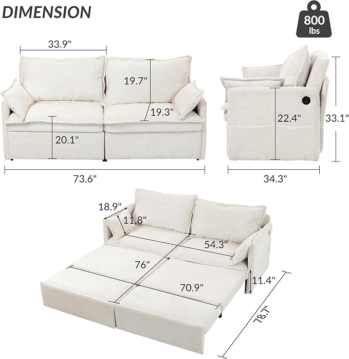 Furnimart 73.6" King Size Pull Out Sofa Bed, 3 in 1 Convertible Sleeper Bed - Image 3