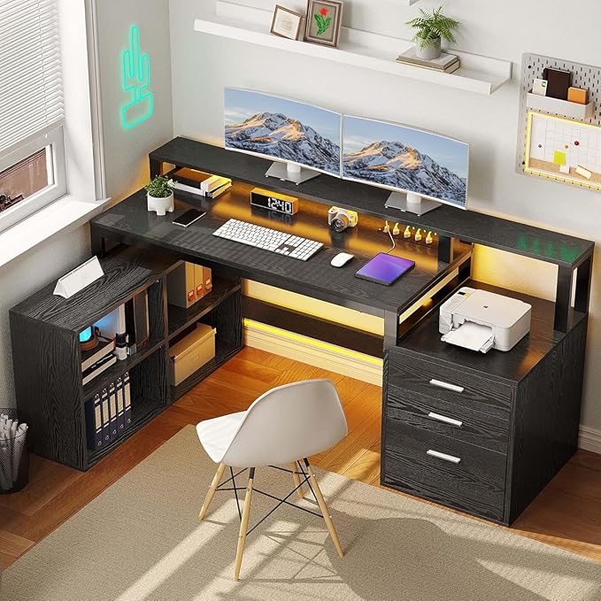DWVO L Shaped Desk with Drawers, Corner Home Office Desk with Storage Shelves & by DWVO